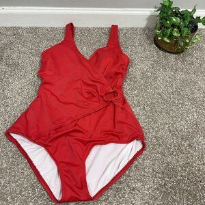 Jantzen Swimuit One Piece Red Faux Wrap Size 12 V Neck Low Back